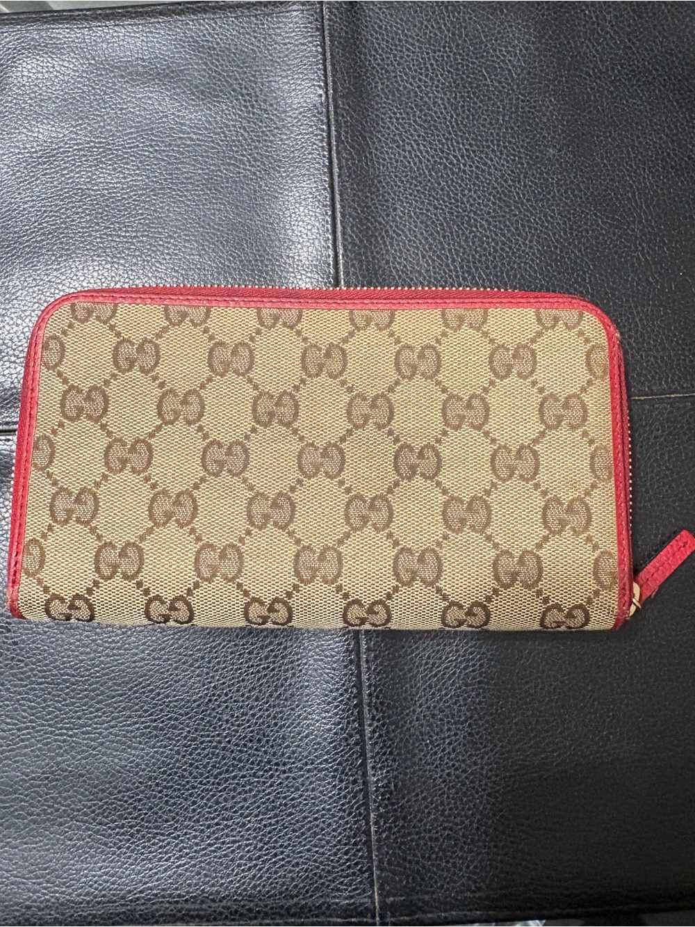 Gucci Beige GG Monogram Zip-Around Wallet with Red Trim
